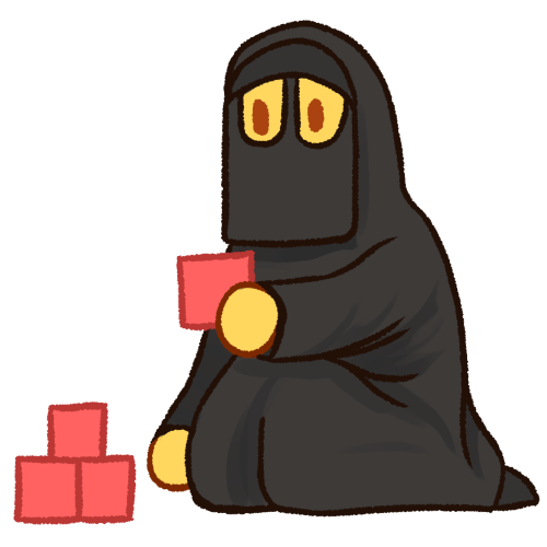  a drawing of a niqabi kneeling and holding a pink block, with a pile of pink blocks next to them. there is shading on the fabric of their niqab.